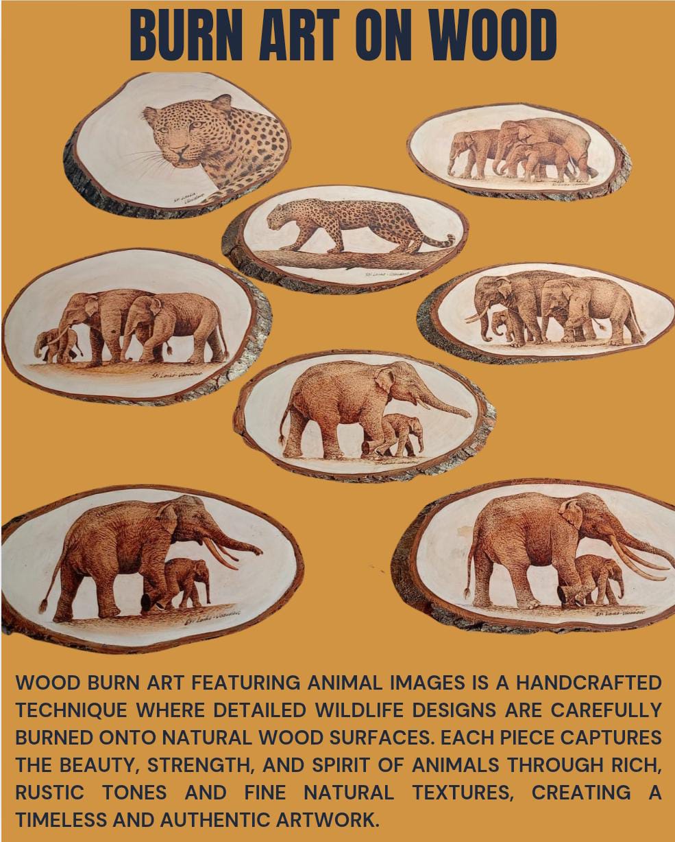 Wood-burned wildlife art handmade in Sri Lanka
